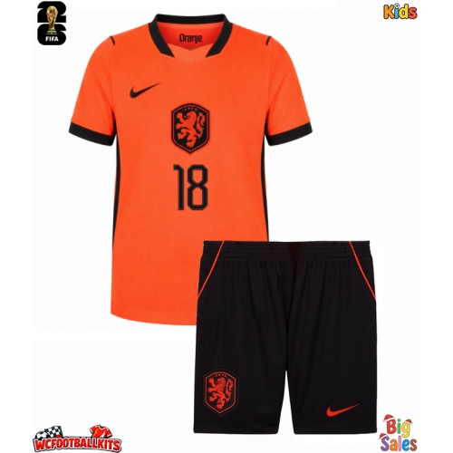 Netherlands Donyell Malen #18 Replica Home Stadium Kit for Kids World Cup 2026 Short Sleeve (+ pants)